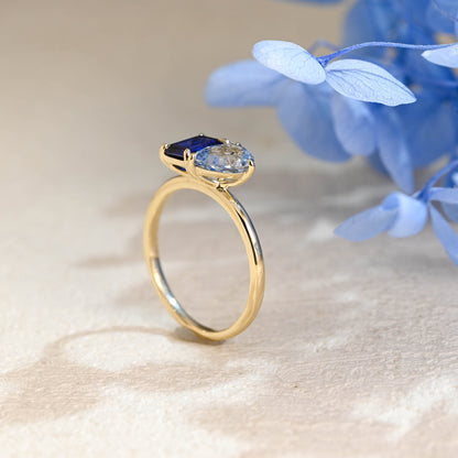 CausYou toi et moi engagement ring Toi et Moi Ring, Solid Gold Emerald Lab Grown Blue Sapphire & Pear Aquamarine Sapphire Engagement Ring