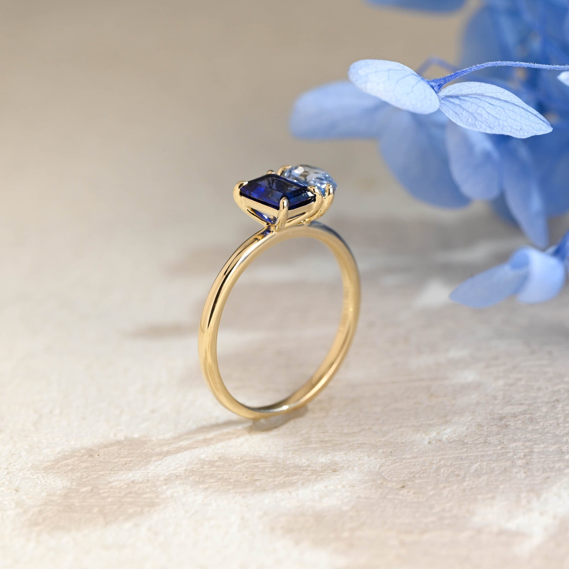 CausYou toi et moi engagement ring Toi et Moi Ring, Solid Gold Emerald Lab Grown Blue Sapphire & Pear Aquamarine Sapphire Engagement Ring