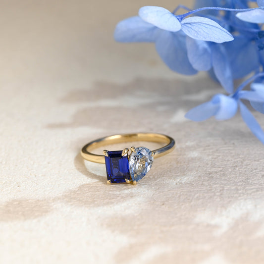 CausYou toi et moi engagement ring Toi et Moi Ring, Solid Gold Emerald Lab Grown Blue Sapphire & Pear Aquamarine Sapphire Engagement Ring