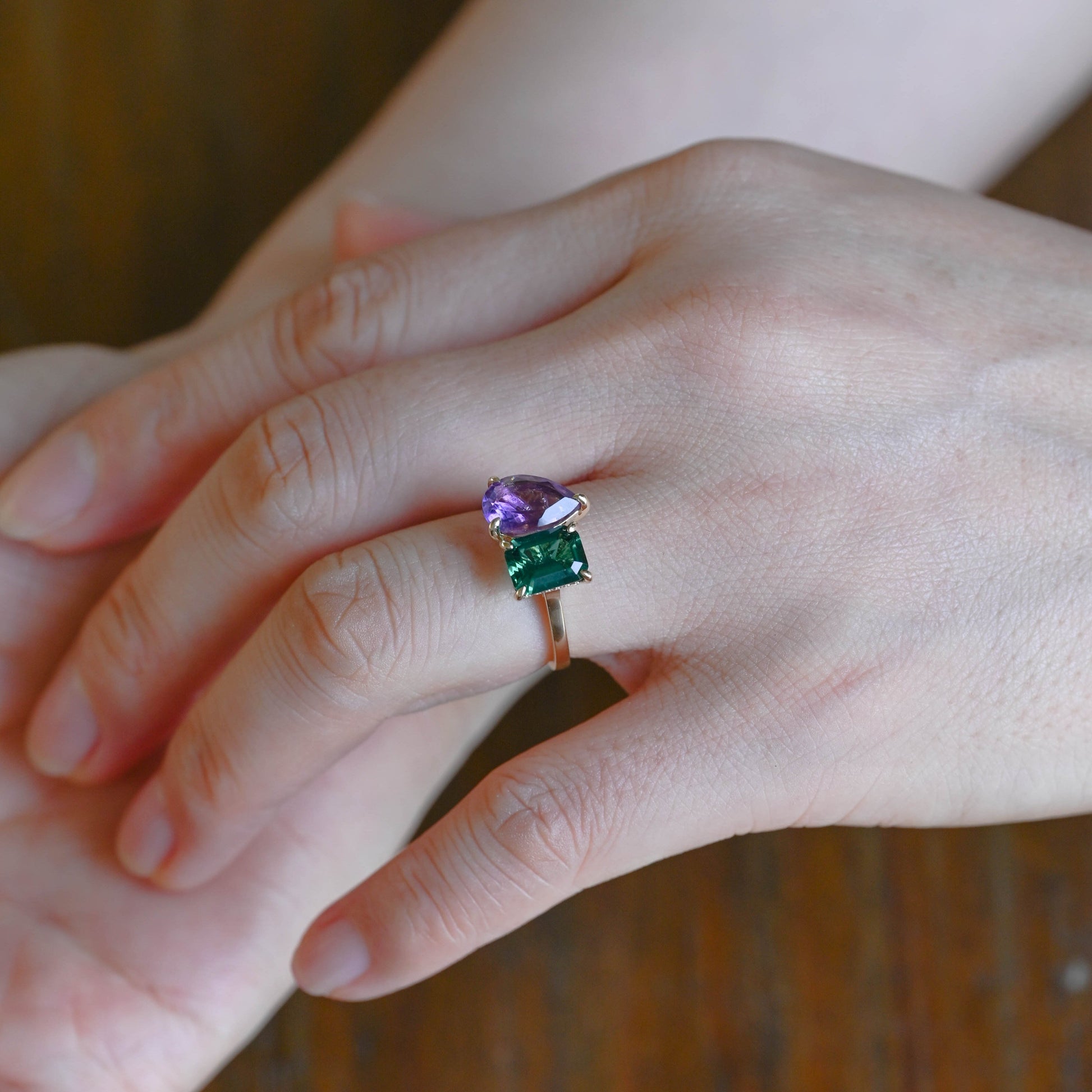 CausYou toi et moi engagement ring Toi et Moi Ring, Solid Gold Hidden Halo Lab Grown Emerald & Pear Cut Alexandrite Engagement Ring