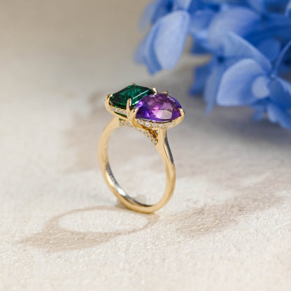 CausYou toi et moi engagement ring Toi et Moi Ring, Solid Gold Hidden Halo Lab Grown Emerald & Pear Cut Alexandrite Engagement Ring