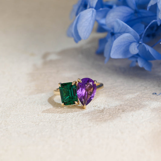 CausYou toi et moi engagement ring Toi et Moi Ring, Solid Gold Hidden Halo Lab Grown Emerald & Pear Cut Alexandrite Engagement Ring