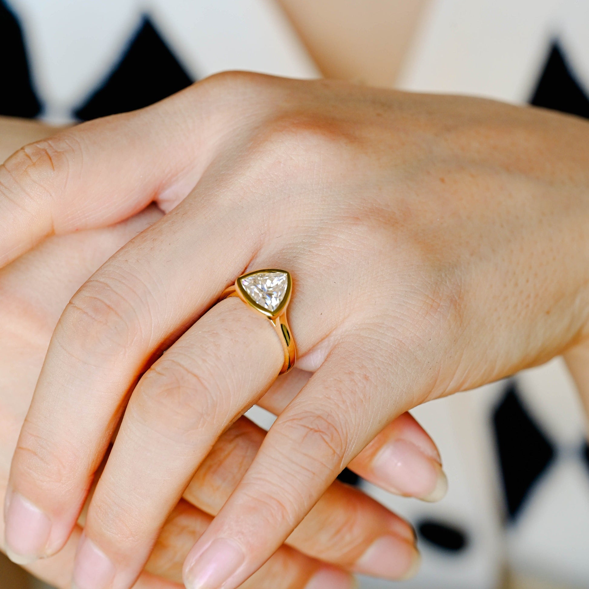 CausYou Solid Gold Trilliant Cut Moissanite Engagement Ring Bezel Ring