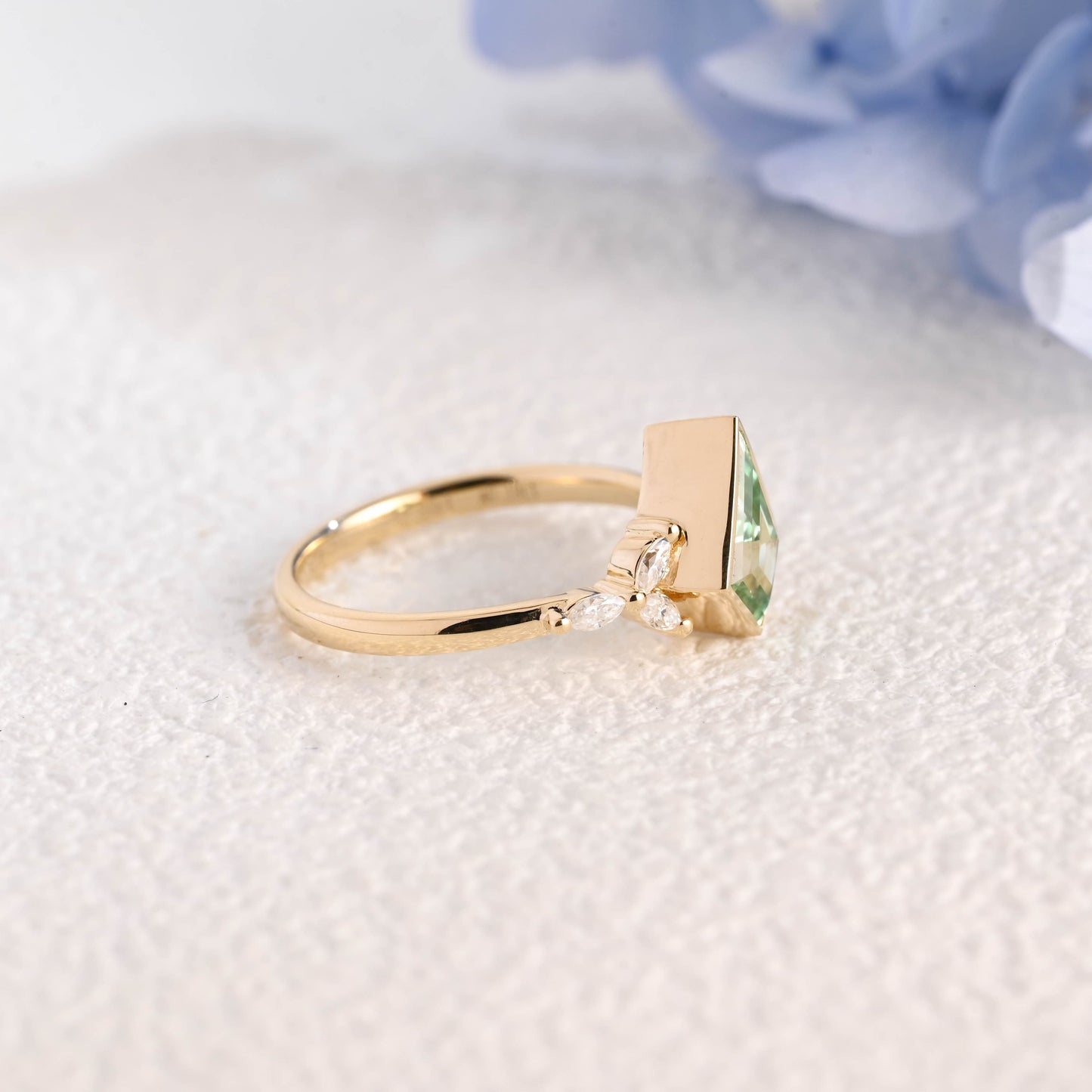 CausYou trillion cut moissanite engagement ring Solid Gold Kite Shape Green Sapphire Engagement Ring Bezel Ring