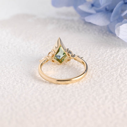 CausYou trillion cut moissanite engagement ring Solid Gold Kite Shape Green Sapphire Engagement Ring Bezel Ring