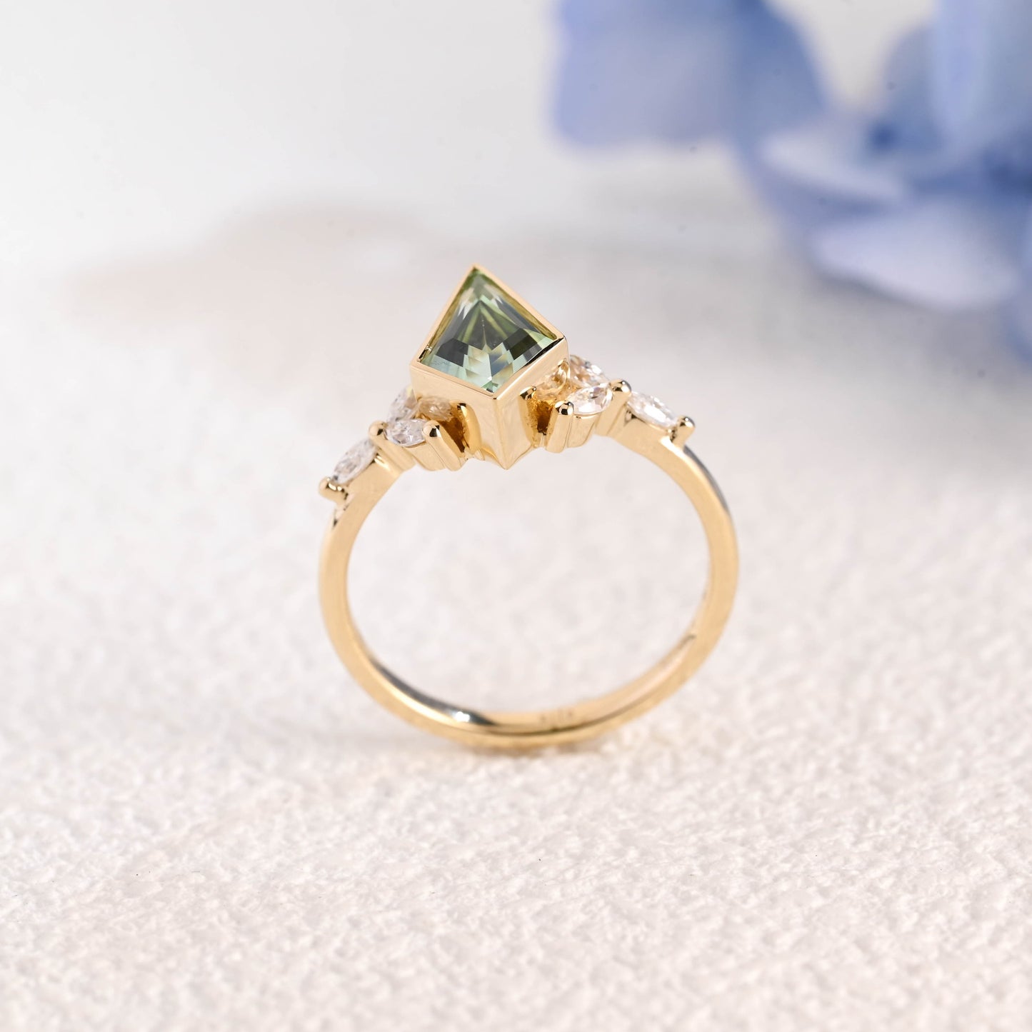 CausYou trillion cut moissanite engagement ring Solid Gold Kite Shape Green Sapphire Engagement Ring Bezel Ring