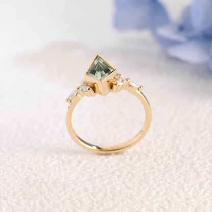 CausYou trillion cut moissanite engagement ring Solid Gold Kite Shape Green Sapphire Engagement Ring Bezel Ring