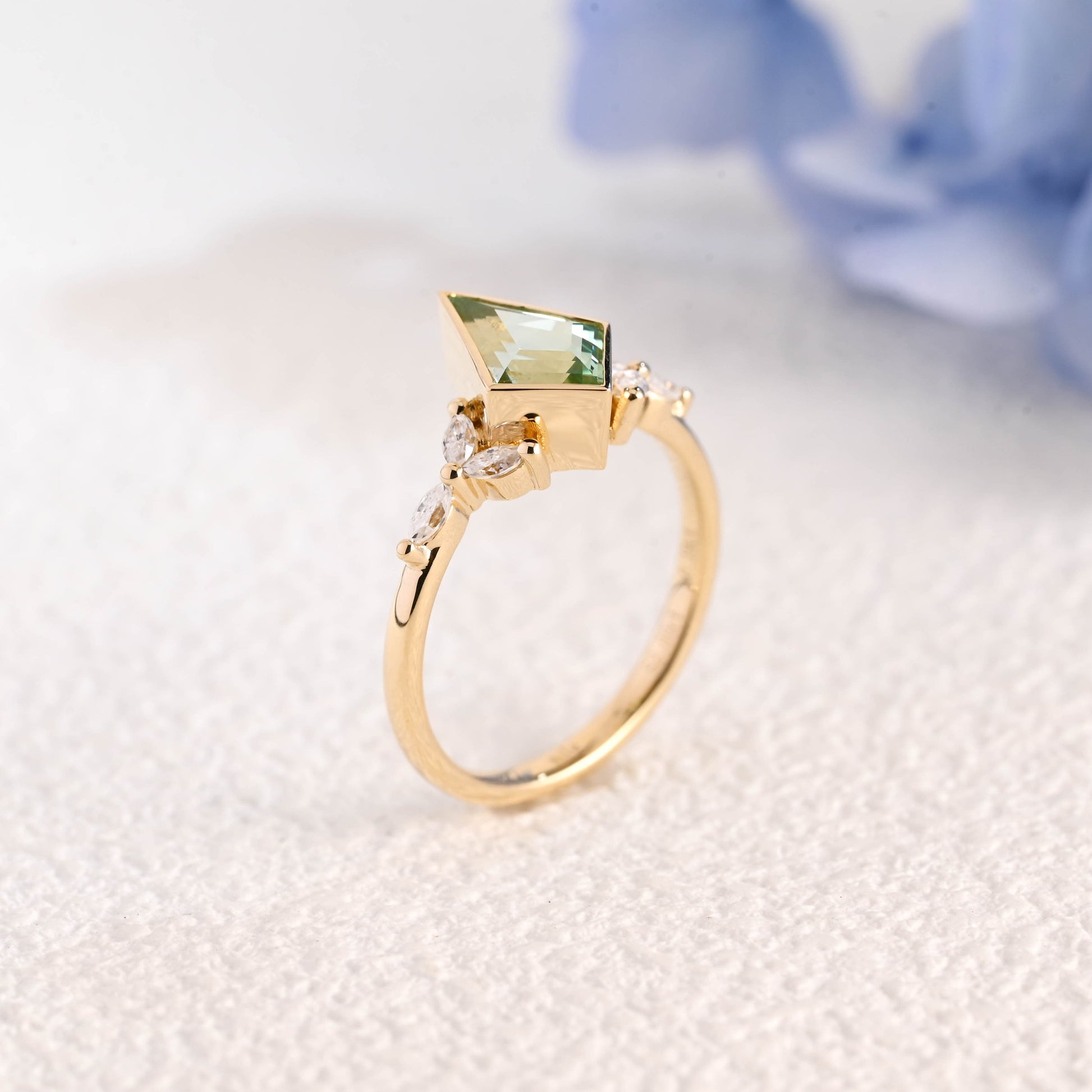 CausYou trillion cut moissanite engagement ring Solid Gold Kite Shape Green Sapphire Engagement Ring Bezel Ring