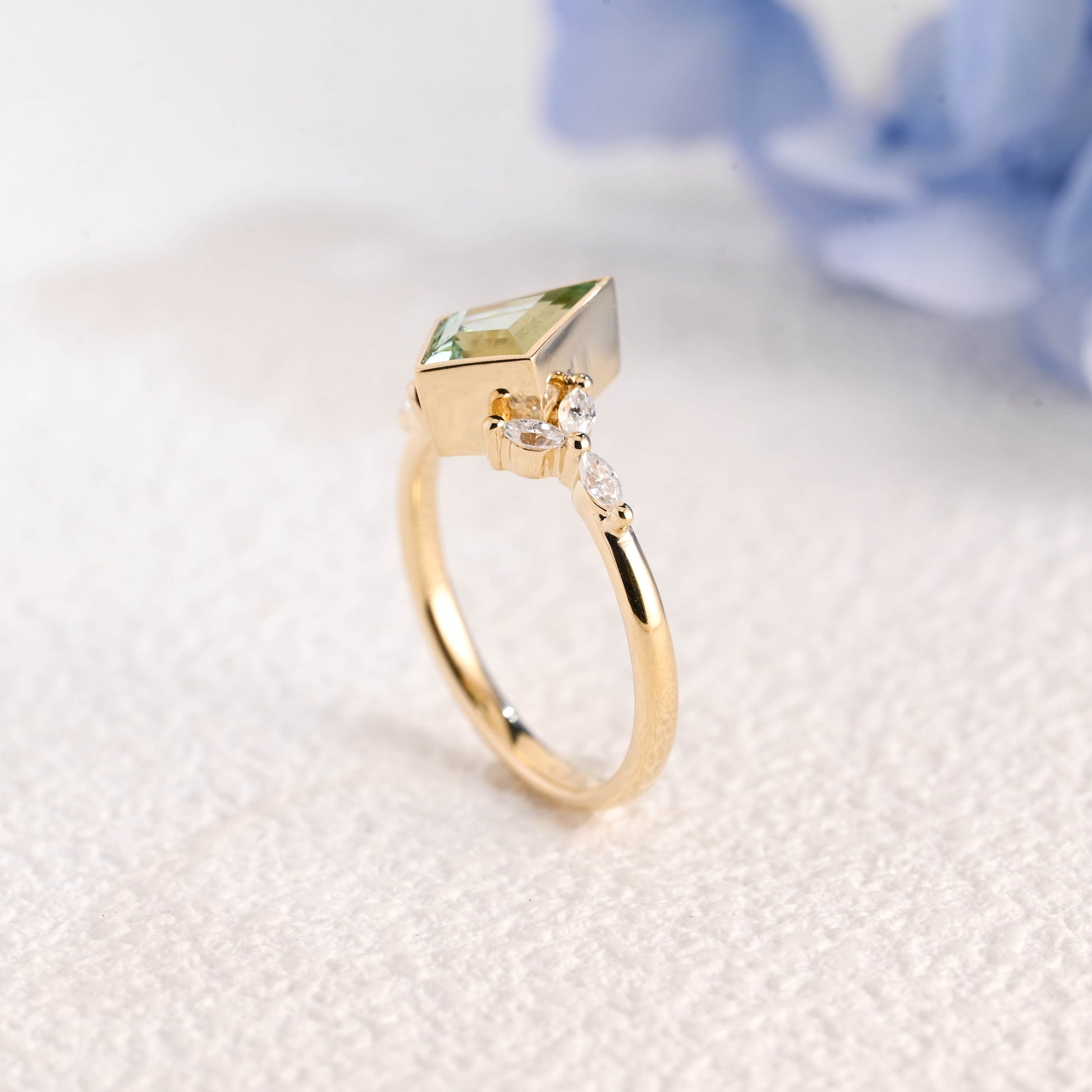 CausYou trillion cut moissanite engagement ring Solid Gold Kite Shape Green Sapphire Engagement Ring Bezel Ring