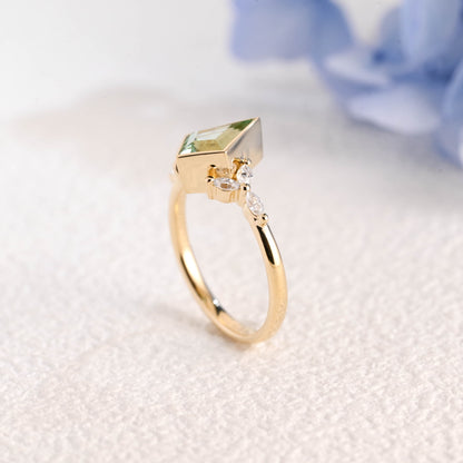 CausYou trillion cut moissanite engagement ring Solid Gold Kite Shape Green Sapphire Engagement Ring Bezel Ring