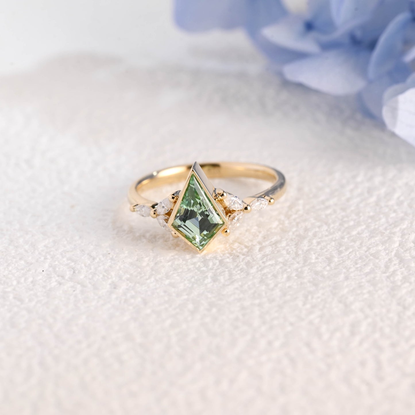 CausYou trillion cut moissanite engagement ring Solid Gold Kite Shape Green Sapphire Engagement Ring Bezel Ring