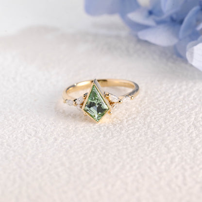 CausYou trillion cut moissanite engagement ring Solid Gold Kite Shape Green Sapphire Engagement Ring Bezel Ring