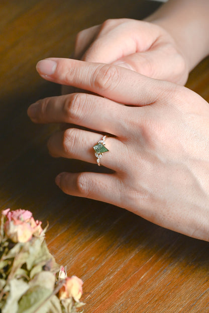 CausYou trillion cut moissanite engagement ring Solid Gold Kite Shape Green Sapphire Engagement Ring Bezel Ring