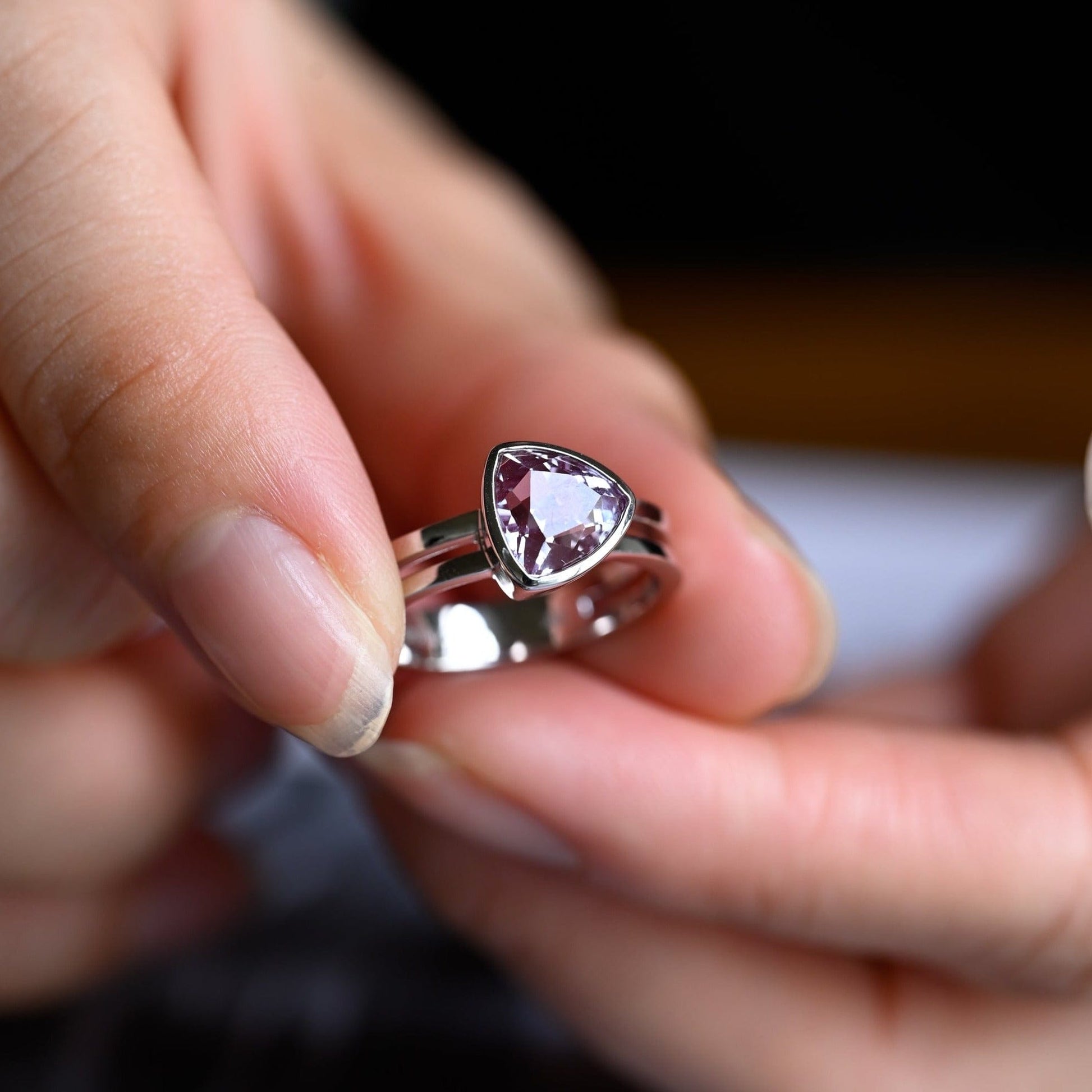 CausYou trillion cut moissanite engagement ring Solid Gold Trillion Cut Alexandrite Engagement Ring, Two Shank Bezel Promise Ring, Proposal Ring