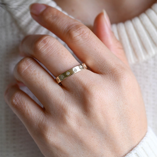 CausYou women's wedding ring CausYou Solid Gold 4mm Star Engraved Moissanite Wedding Band, Moissanite Wedding Band, Stackable Wedding Ring, Gift for Woman, Wife