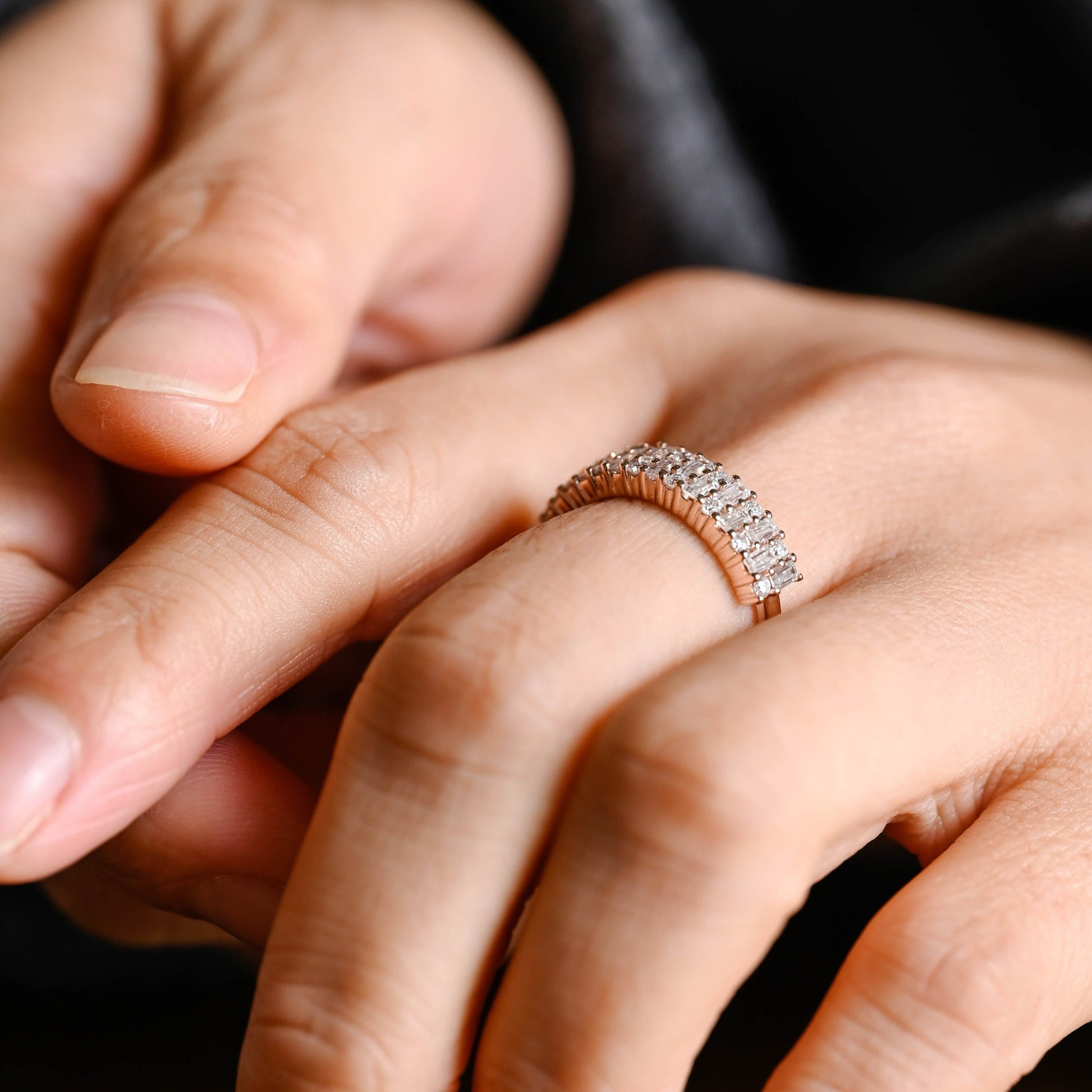 Solid Gold Half Eternity Baguette Round Cut Moissanite Wedding