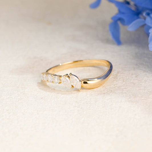 CausYou women's wedding ring Solid Gold Curved Marquise & Pear Cut Moissanite Wedding Band