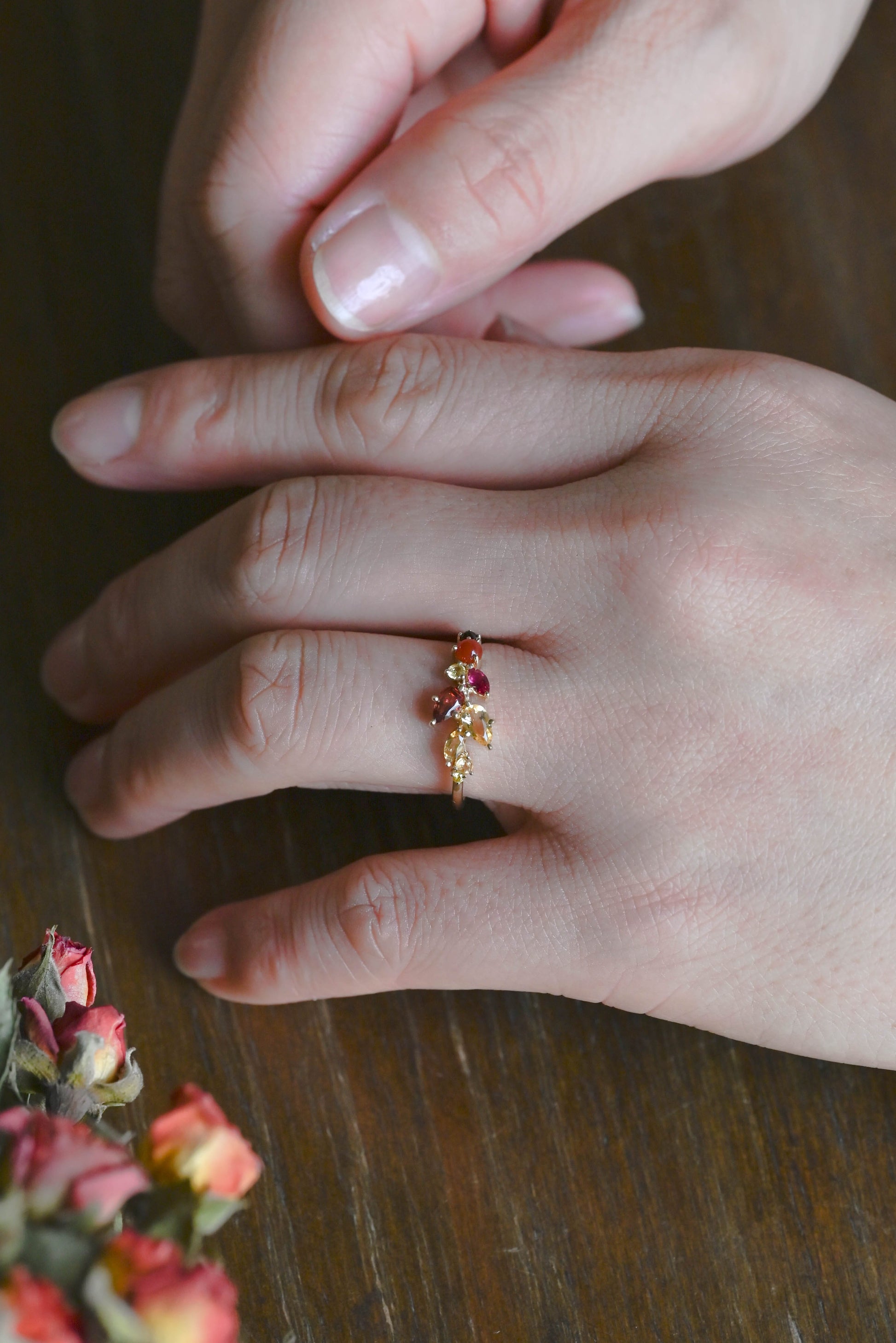 CausYou women's wedding ring Solid Gold Leaf Branch Colored Birthstone Wedding Band, Cluster Ring