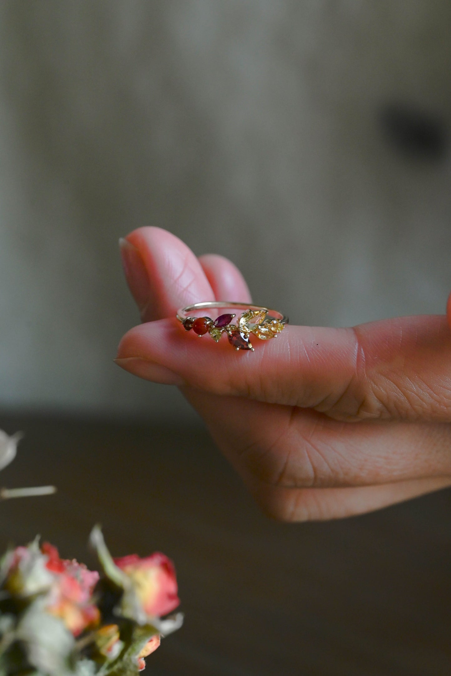 CausYou women's wedding ring Solid Gold Leaf Branch Colored Birthstone Wedding Band, Cluster Ring