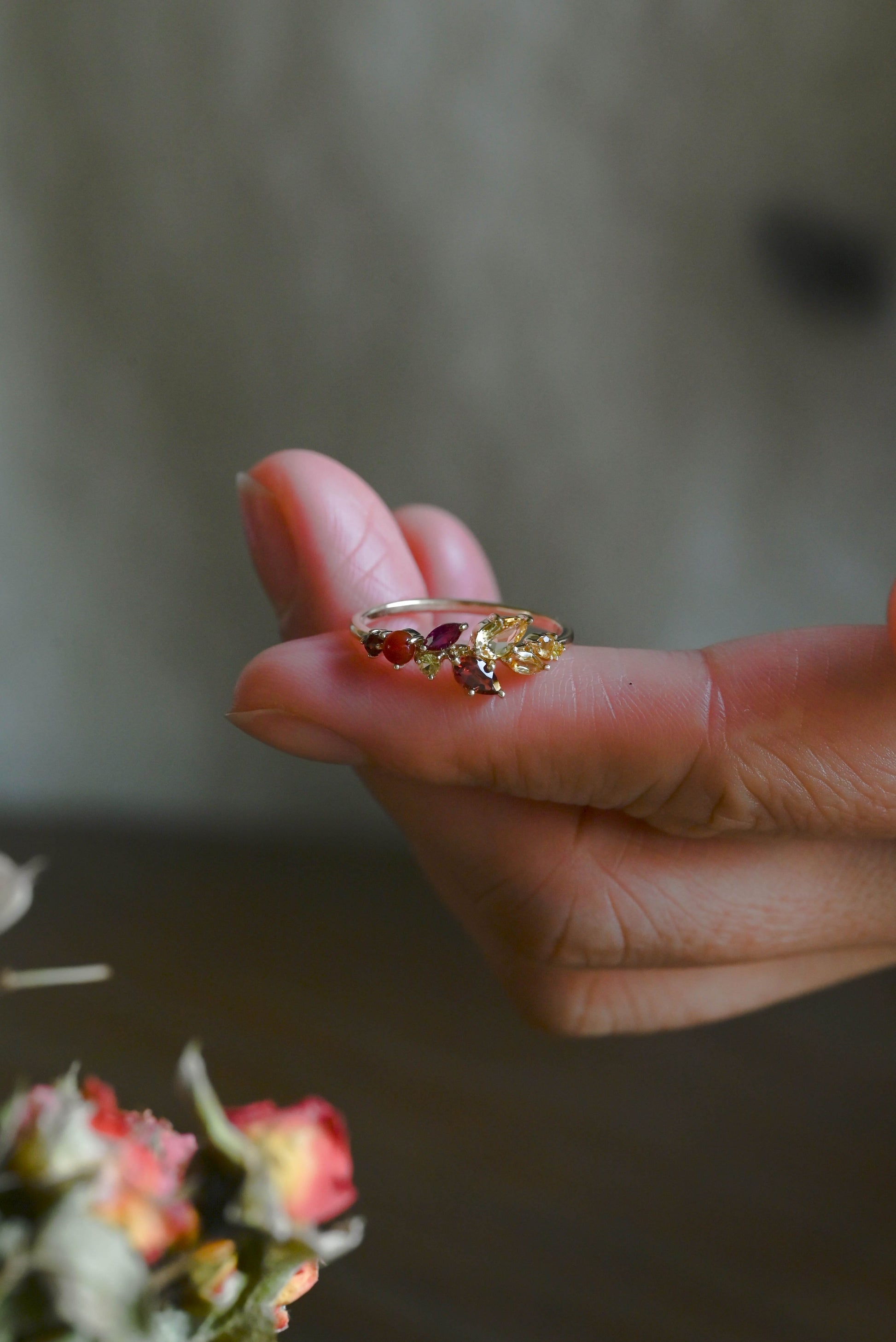 CausYou women's wedding ring Solid Gold Leaf Branch Colored Birthstone Wedding Band, Cluster Ring