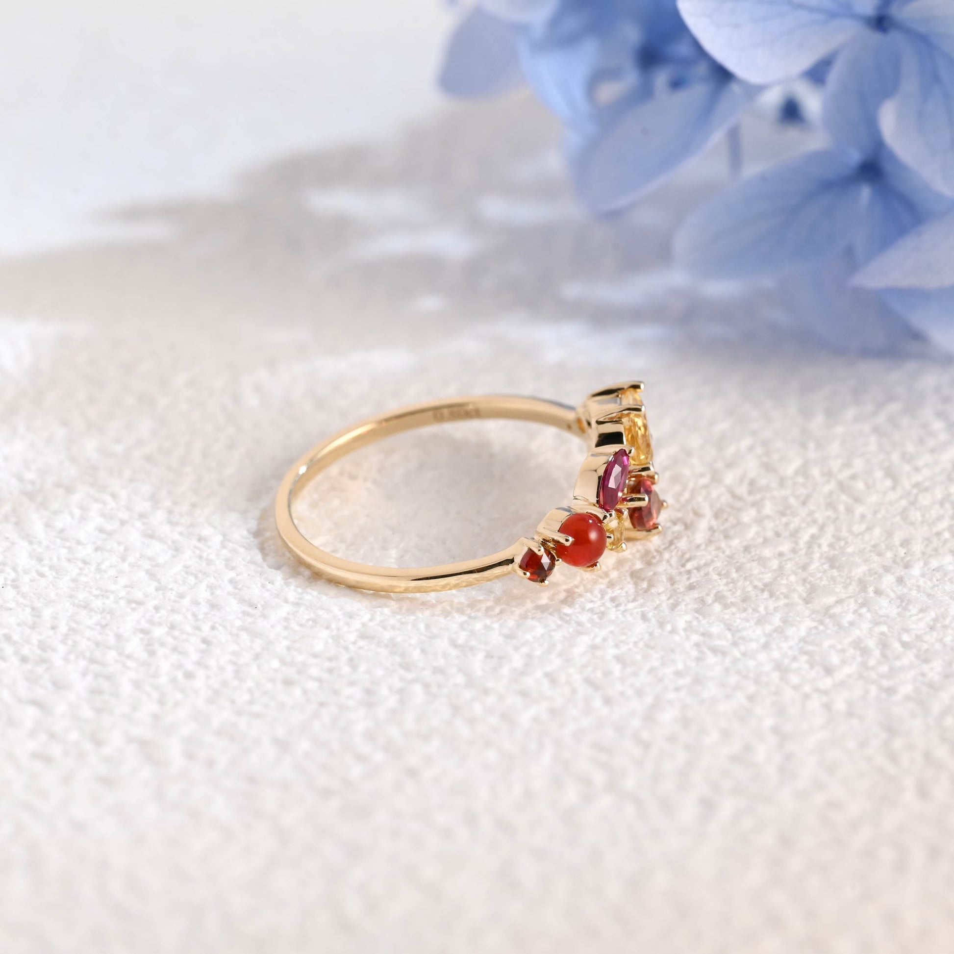CausYou women's wedding ring Solid Gold Leaf Branch Colored Birthstone Wedding Band, Cluster Ring