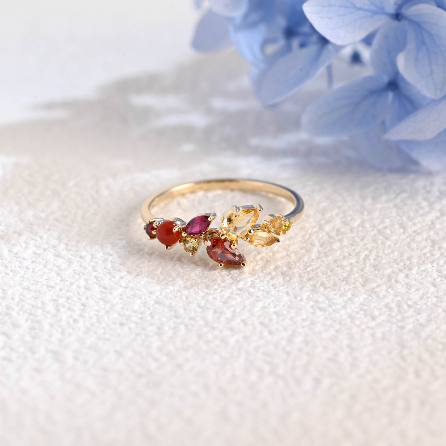 CausYou women's wedding ring Solid Gold Leaf Branch Colored Birthstone Wedding Band, Cluster Ring
