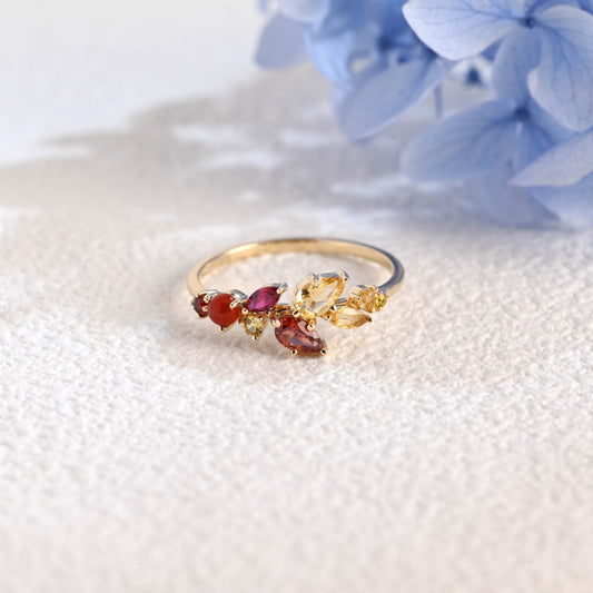 CausYou women's wedding ring Solid Gold Leaf Branch Colored Birthstone Wedding Band, Cluster Ring