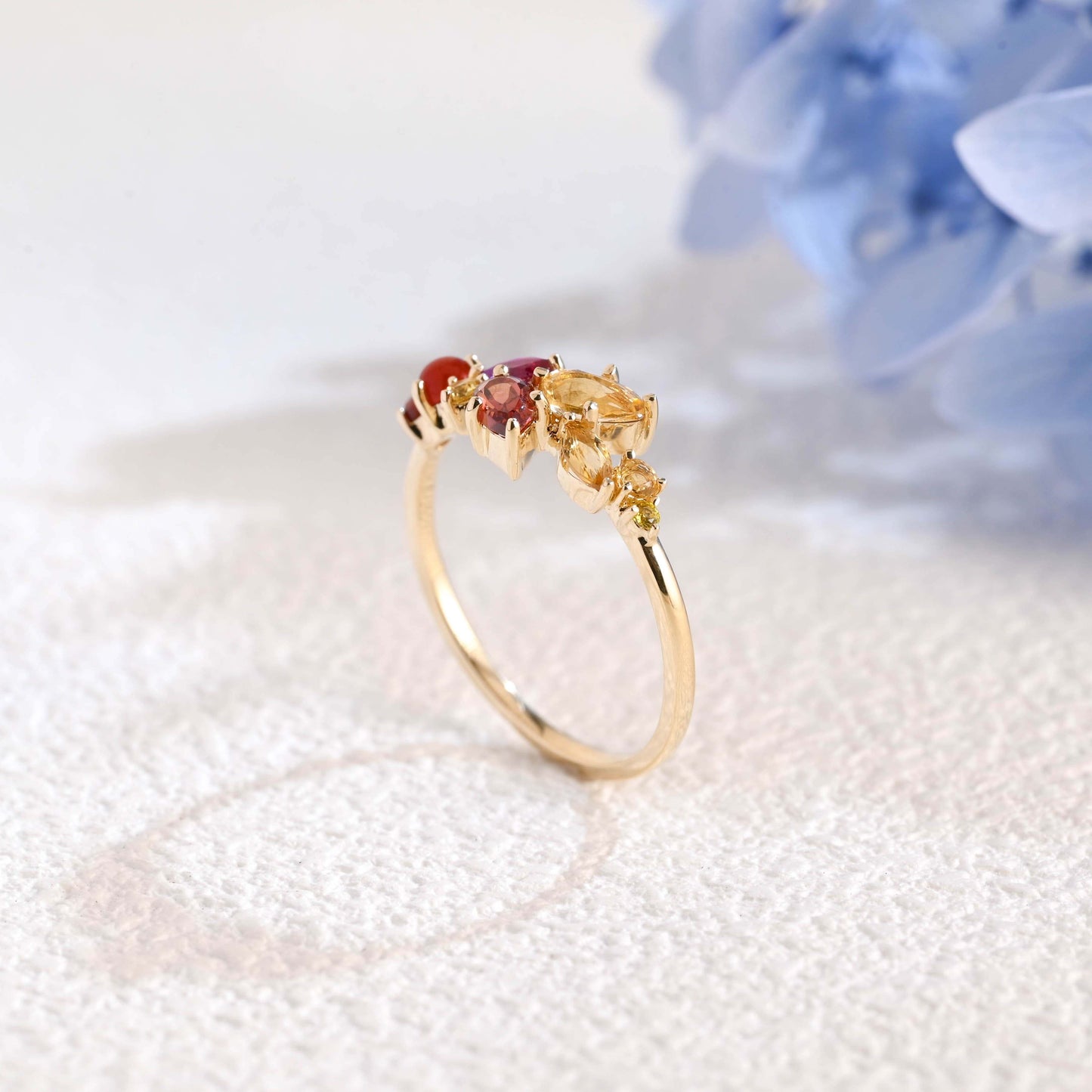CausYou women's wedding ring Solid Gold Leaf Branch Colored Birthstone Wedding Band, Cluster Ring
