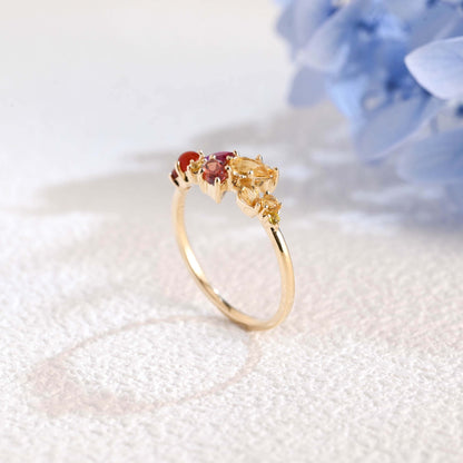 CausYou women's wedding ring Solid Gold Leaf Branch Colored Birthstone Wedding Band, Cluster Ring