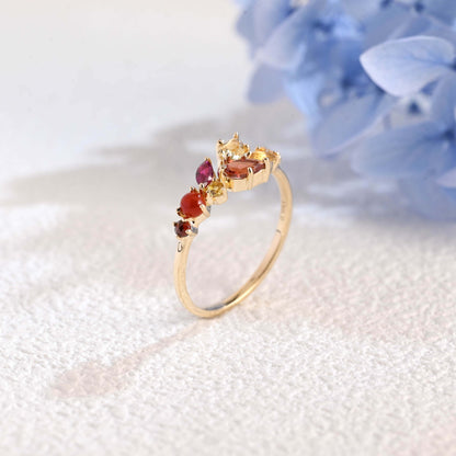 CausYou women's wedding ring Solid Gold Leaf Branch Colored Birthstone Wedding Band, Cluster Ring