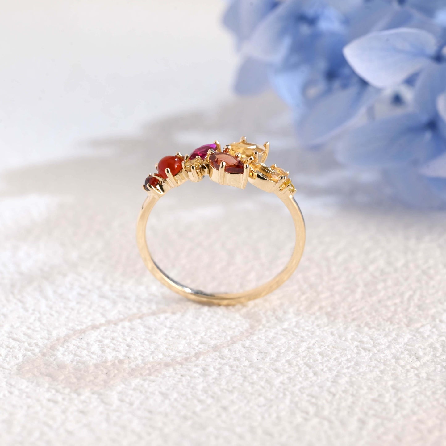CausYou women's wedding ring Solid Gold Leaf Branch Colored Birthstone Wedding Band, Cluster Ring