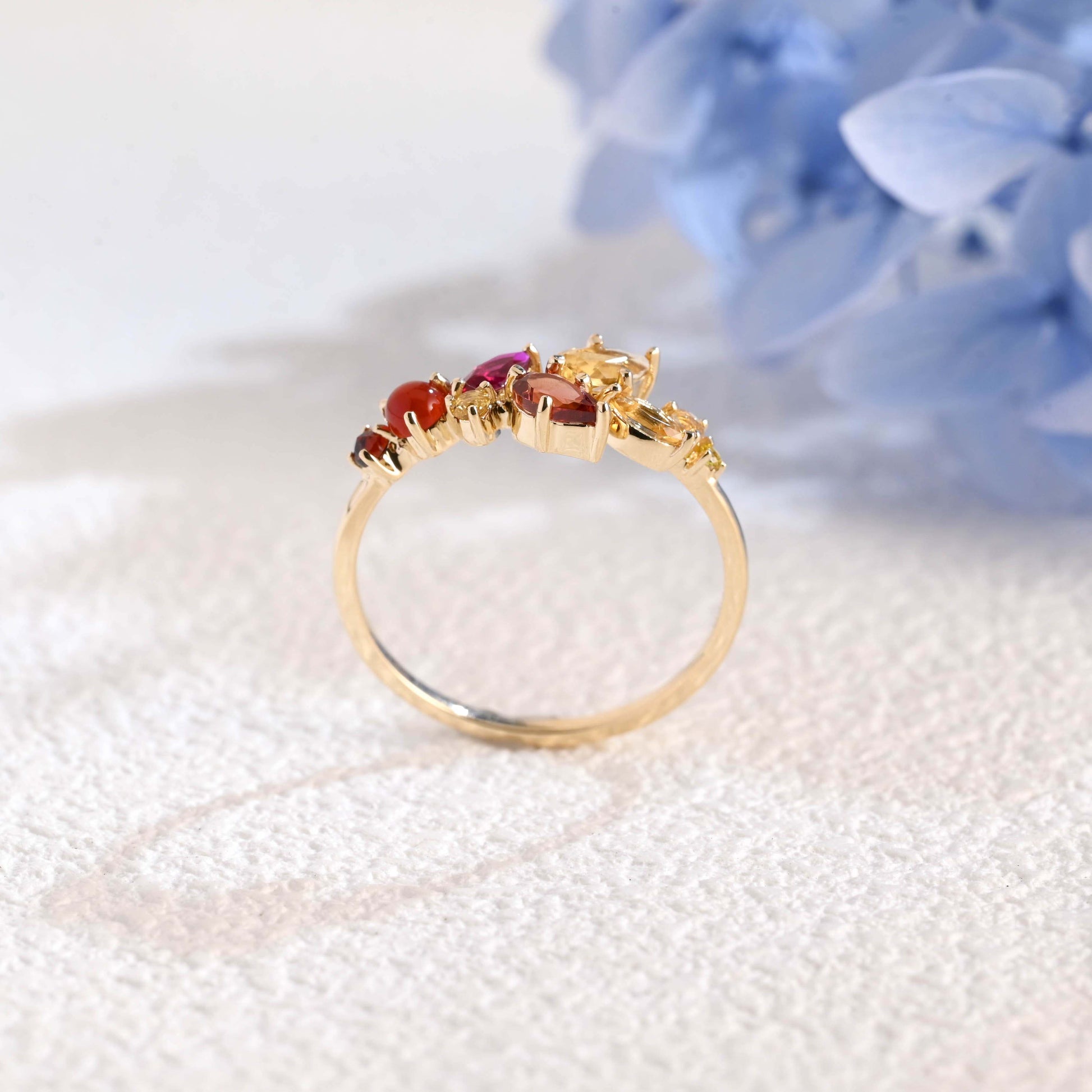 CausYou women's wedding ring Solid Gold Leaf Branch Colored Birthstone Wedding Band, Cluster Ring