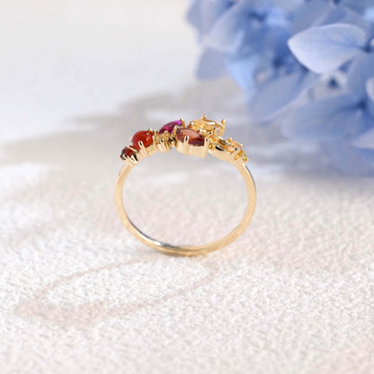 CausYou women's wedding ring Solid Gold Leaf Branch Colored Birthstone Wedding Band, Cluster Ring