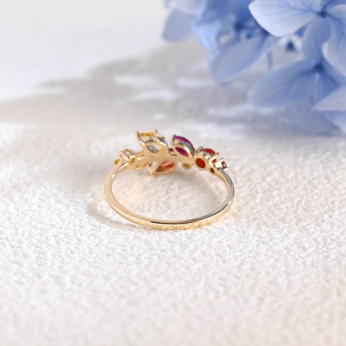 CausYou women's wedding ring Solid Gold Leaf Branch Colored Birthstone Wedding Band, Cluster Ring