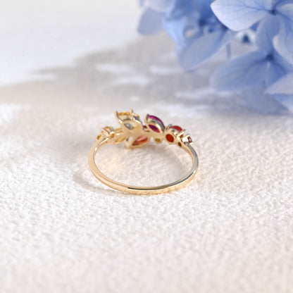 CausYou women's wedding ring Solid Gold Leaf Branch Colored Birthstone Wedding Band, Cluster Ring
