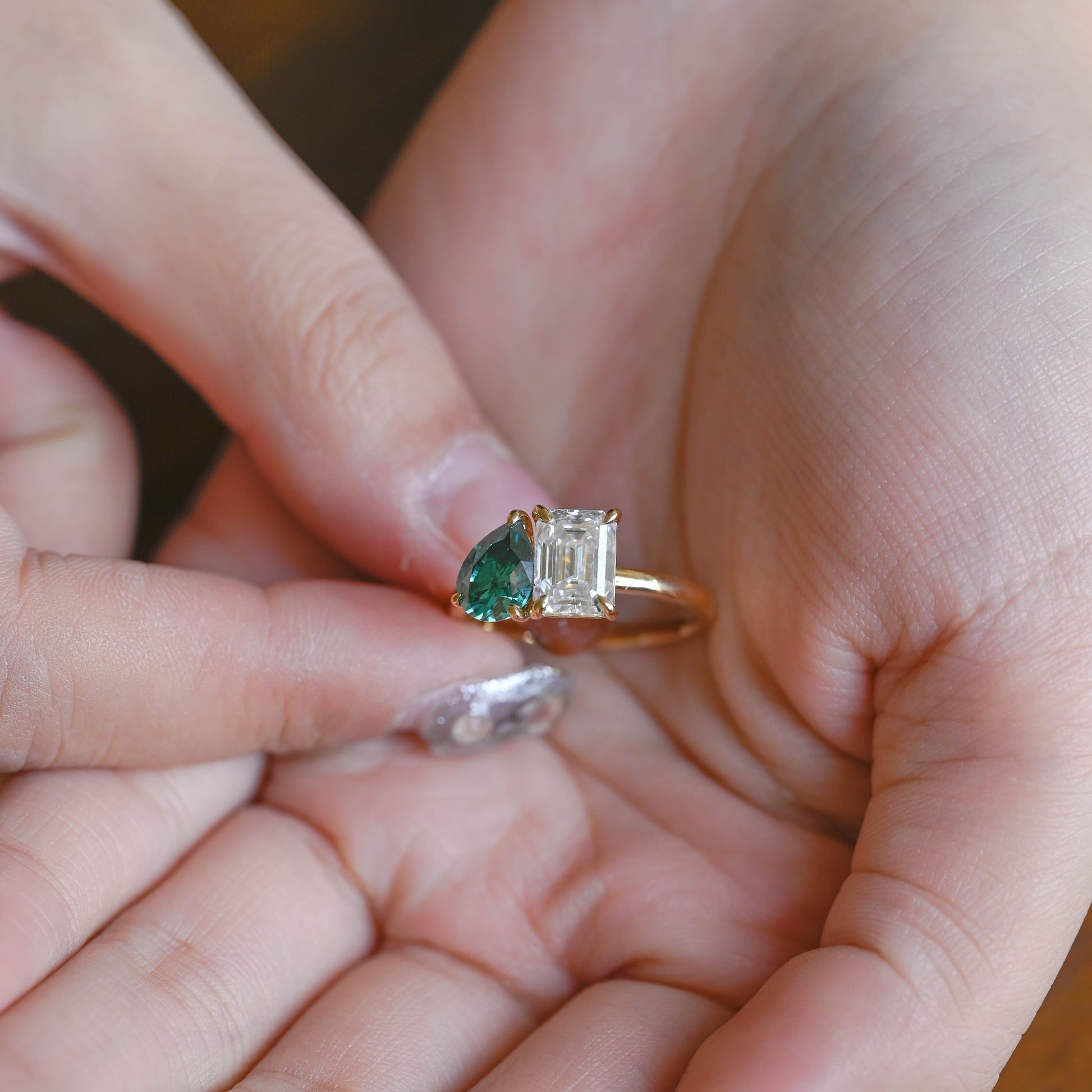 dual-stone-engagement-ring-green-moissanite-wedding-ring-emerald-cut-ring