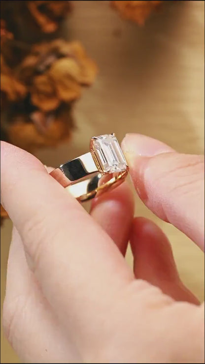 Solid Gold 5mm Width Emerald Cut Moissanite Engagement Ring