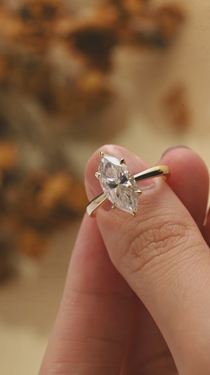 Solid Gold Solitaire Tulip Setting Marquise Cut Moissanite Engagement Ring