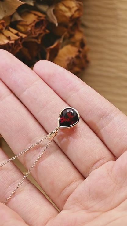 Solid Gold Bezel Pear Red Natural Garnet Pendant, January Birthstone Personalized Gift