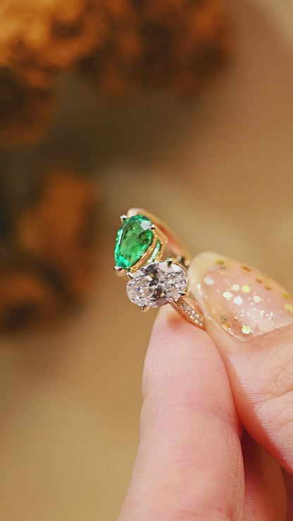 Solid Gold Oval Lab Diamond Engagement Ring | D VS1 IGI Certified, Emerald & Diamond Toi et Moi Ring