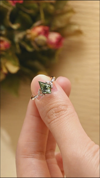 Solid Gold Kite Shape Green Sapphire Engagement Ring Bezel Ring