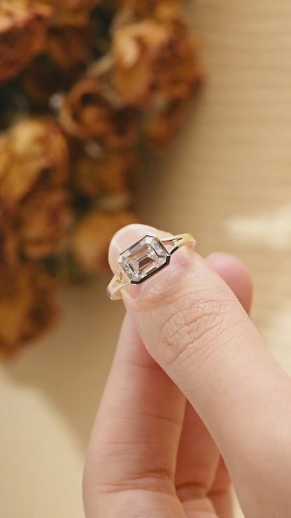 Solid Gold Bezel Split Shank East West Emerald Cut Moissanite Engagement Ring
