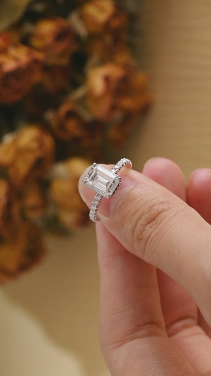 Solid Gold Solitaire Hidden Halo Emerald Cut Moissanite Engagement Ring