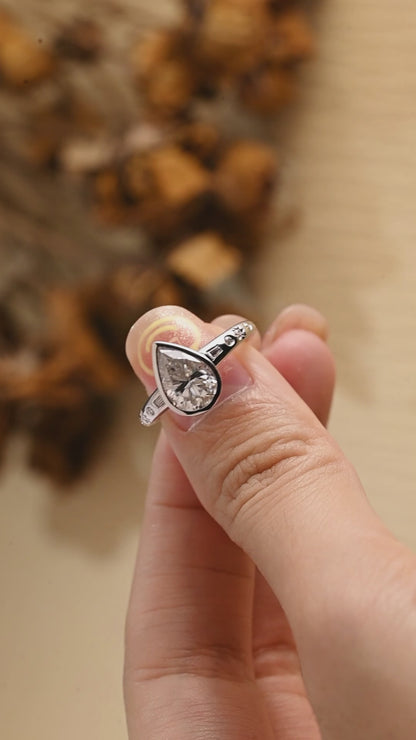 Solid Gold Unique Bezel Pear Cut Moissanite Engagement Ring