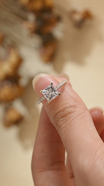 Solid Gold Paved Princess Cut Moissanite Engagement Ring