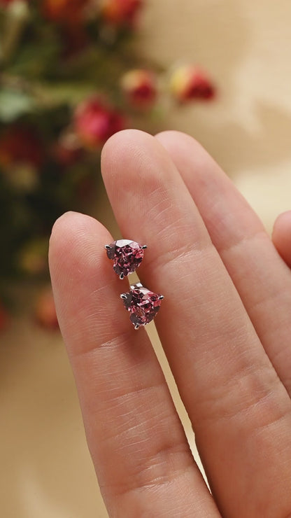 Solid Gold Solitaire Heart Cut Lab Pink Sapphire Earring Studs