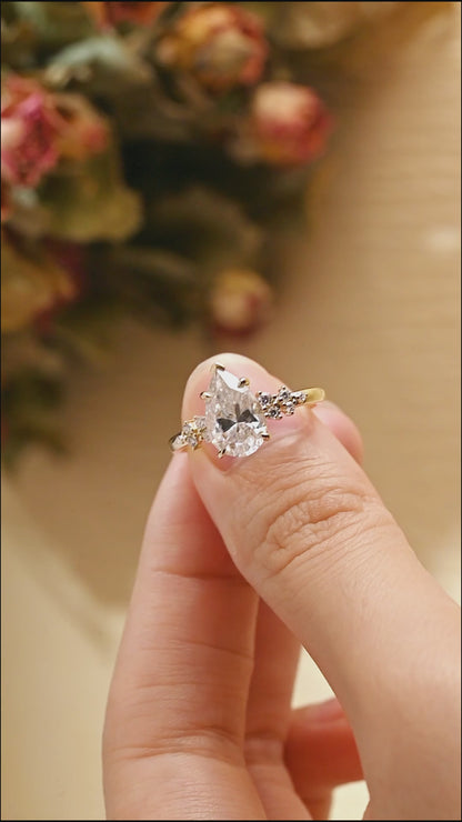 Solid Gold Side Cluster Pear Cut Moissanite Engagement Ring
