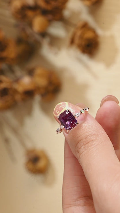 Solid Gold Emerald Cut Lab Alexandrite Stone Engagement Ring