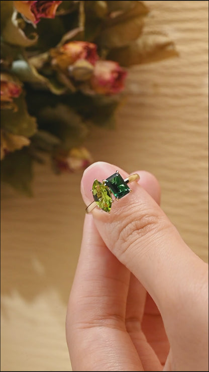 Solid Gold Toi Et Moi Ring, Marquise Cut Peridot & Lab Emerald Engagement Ring