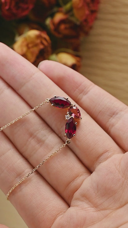 Solid Gold July Oct. Birthstone Jewelry Pear Ruby & Tourmaline Pendant, Family Personalized Gift
